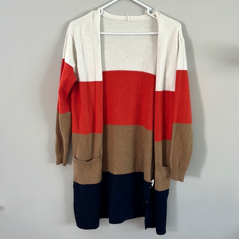 Long color block cardigan.